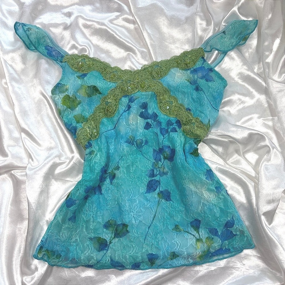 y2k Camisole Blue Excellent Promod Floral Lace Sequin Trim Fairycore Top